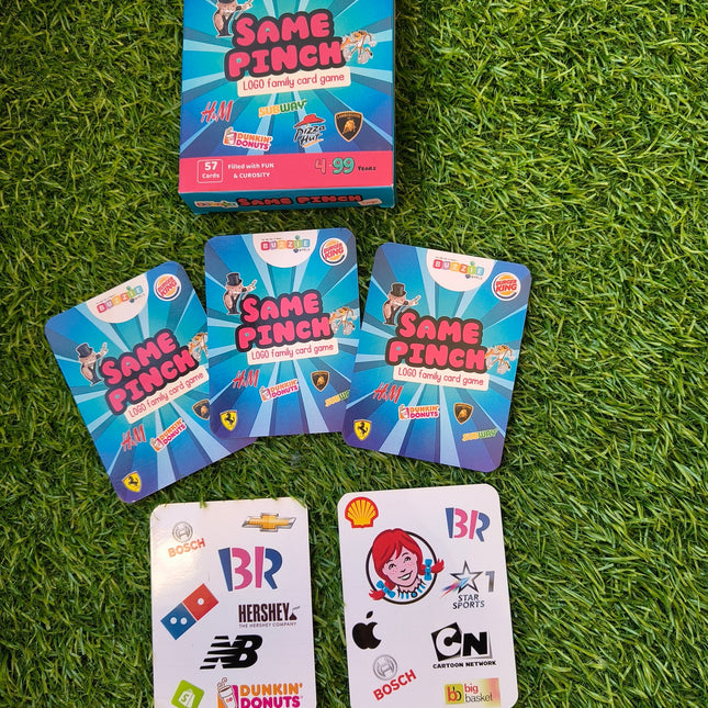 Family-friendly quick thinking logo card game